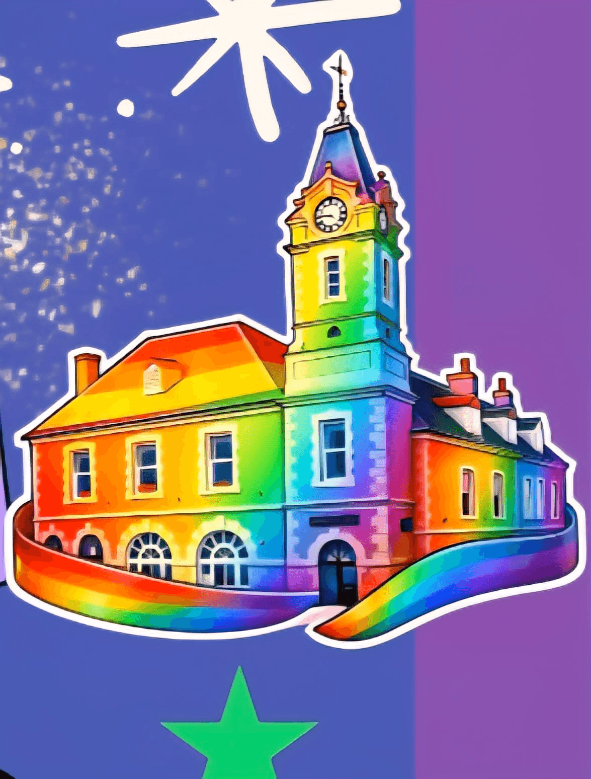 Rainbow-painted illustration of Wincanton town hall celebrating Wincanton's first Pride